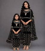 Mother daughter black embroidered velvet kurta set