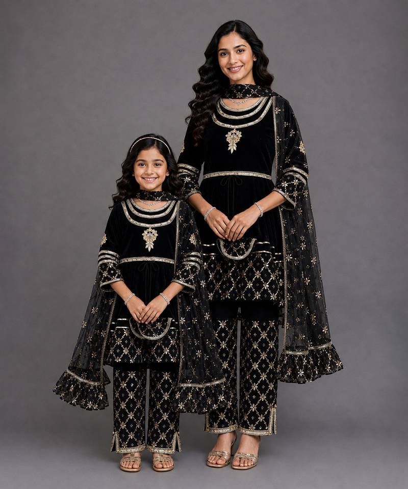 Mother daughter black embroidered velvet kurta set