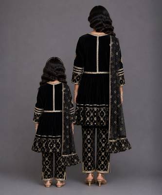 Mother daughter black embroidered velvet kurta set 2