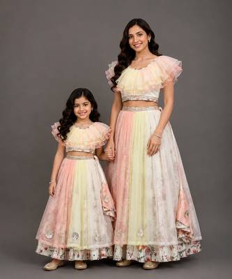 Mother daughter multicolor printed organza lehenga set 1