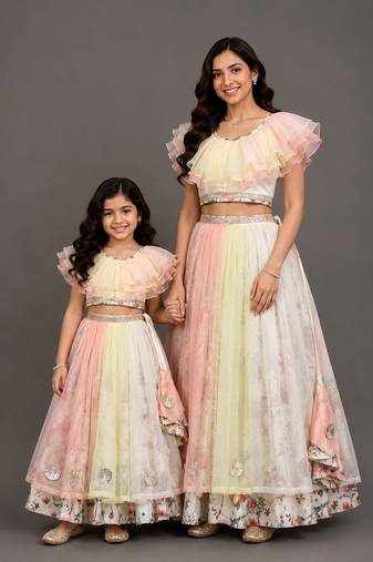 Mother daughter multicolor printed organza lehenga set
