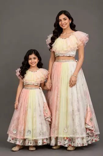 Mother daughter multicolor printed organza lehenga set