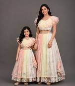Mother daughter multicolor printed organza lehenga set