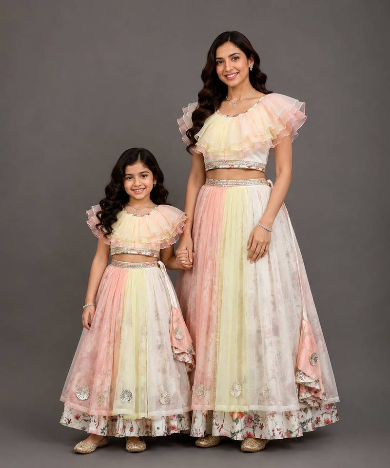 Mother daughter multicolor printed organza lehenga set