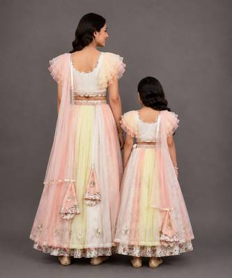 Mother daughter multicolor printed organza lehenga set 2