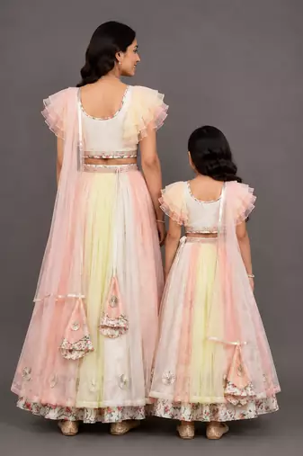 Mother daughter multicolor printed organza lehenga set