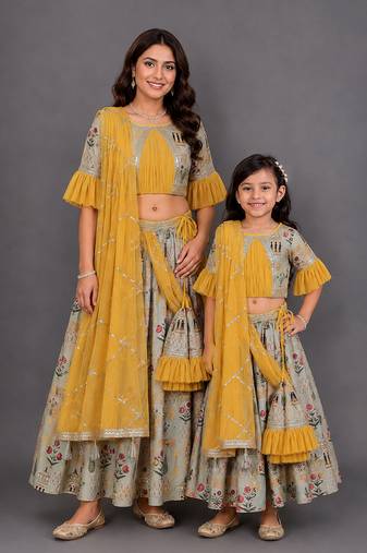 Mother daughter multicolor printed cotton silk lehenga set