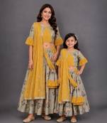 Mother daughter multicolor printed cotton silk lehenga set