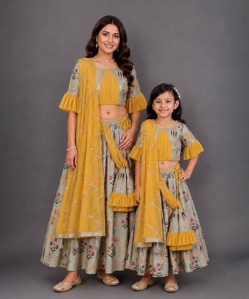 Mother daughter multicolor printed cotton silk lehenga set