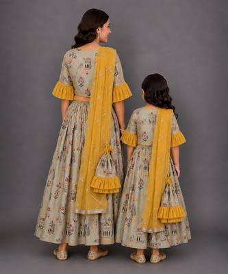 Mother daughter multicolor printed cotton silk lehenga set 2