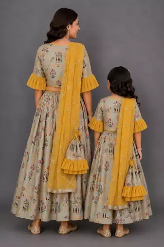 Mother daughter multicolor printed cotton silk lehenga set