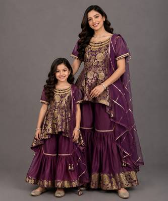 Mother daughter purple embroidered cotton silk sharara set 1