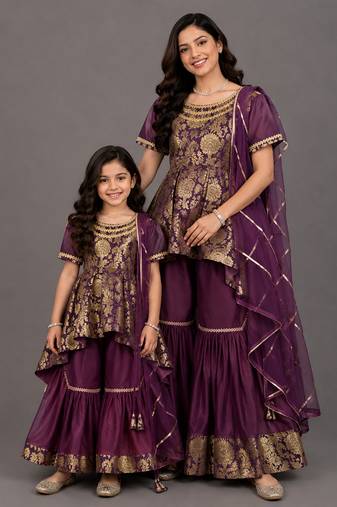 Mother daughter purple embroidered cotton silk sharara set