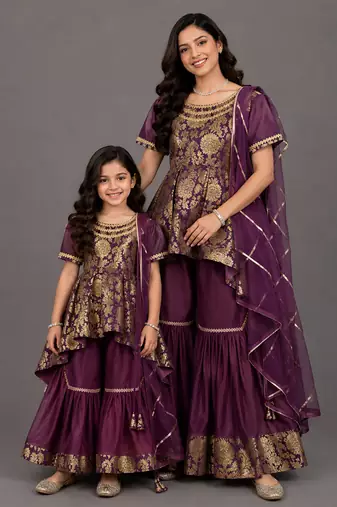 Mother daughter purple embroidered cotton silk sharara set