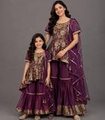 Mother daughter purple embroidered cotton silk sharara set