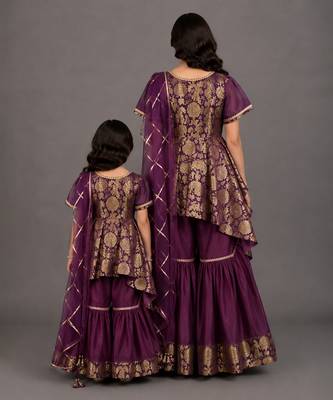 Mother daughter purple embroidered cotton silk sharara set 2