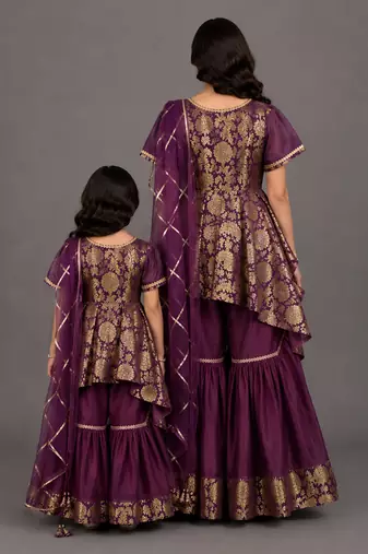 Mother daughter purple embroidered cotton silk sharara set