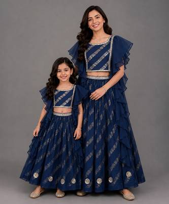 Mother daughter blue embroidered organza lehenga set 1