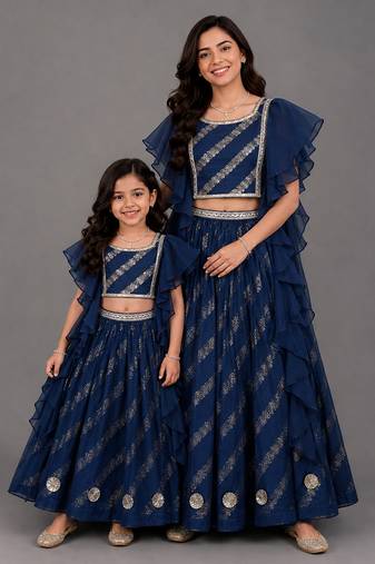 Mother daughter blue embroidered organza lehenga set