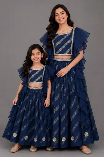 Mother daughter blue embroidered organza lehenga set