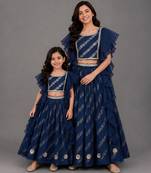 Mother daughter blue embroidered organza lehenga set