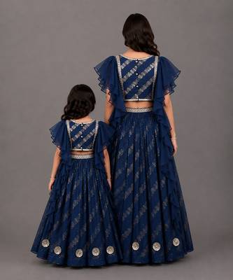 Mother daughter blue embroidered organza lehenga set 2