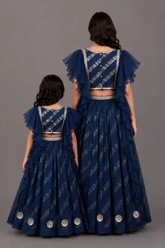 Mother daughter blue embroidered organza lehenga set