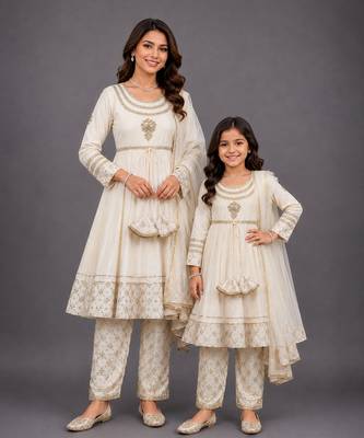 Mother daughter white embroidered velvet anarkali set 1