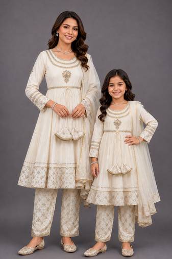 Mother daughter white embroidered velvet anarkali set