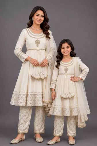 Mother daughter white embroidered velvet anarkali set
