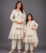 Mother daughter white embroidered velvet anarkali set