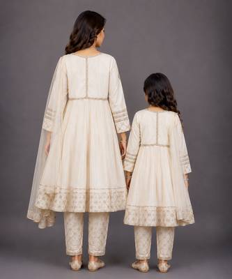 Mother daughter white embroidered velvet anarkali set 2