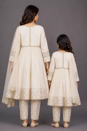 Mother daughter white embroidered velvet anarkali set