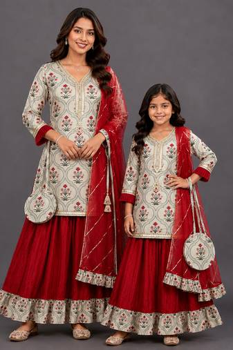Mother daughter red printed cotton silk lehenga set