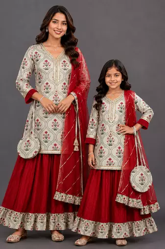 Mother daughter red printed cotton silk lehenga set