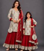 Mother daughter red printed cotton silk lehenga set
