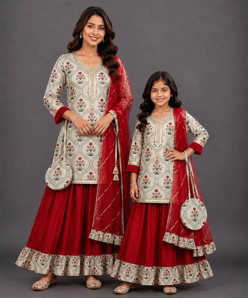 Mother daughter red printed cotton silk lehenga set