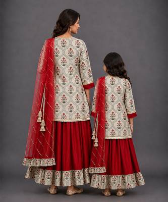 Mother daughter red printed cotton silk lehenga set 2