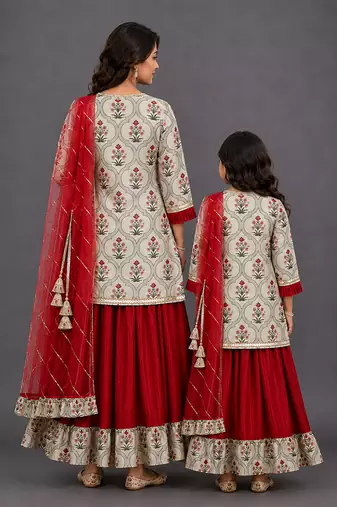 Mother daughter red printed cotton silk lehenga set