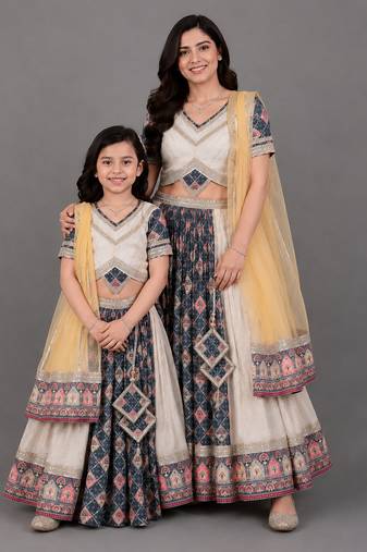 Mother daughter multicolor printed cotton silk lehenga set