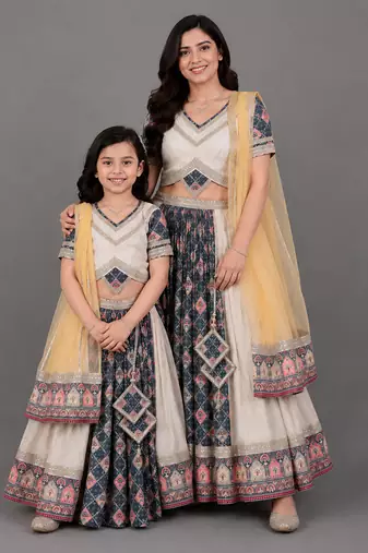 Mother daughter multicolor printed cotton silk lehenga set