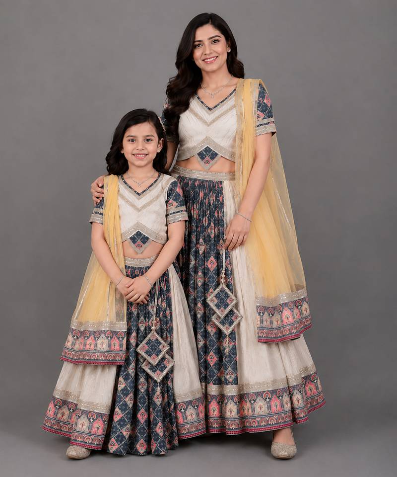 Mother daughter multicolor printed cotton silk lehenga set