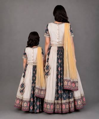 Mother daughter multicolor printed cotton silk lehenga set 2
