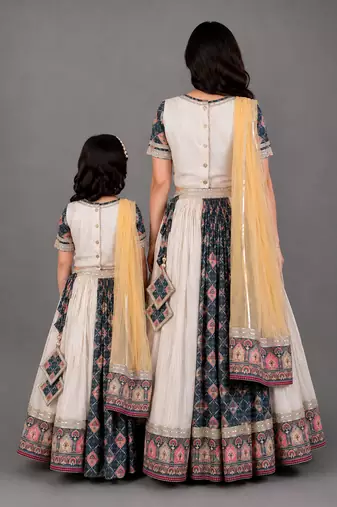 Mother daughter multicolor printed cotton silk lehenga set