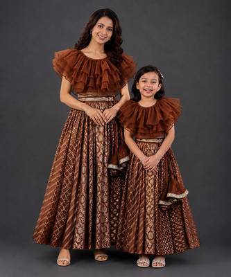 Mother daughter brown embroidered organza lehenga set 1