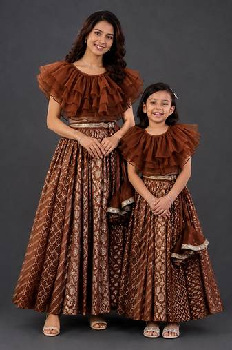 Mother daughter brown embroidered organza lehenga set