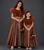 Mother daughter brown embroidered organza lehenga set
