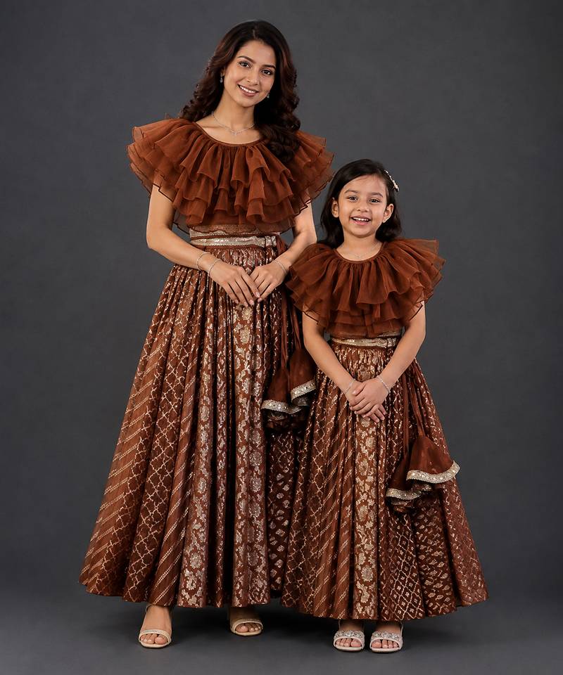 Mother daughter brown embroidered organza lehenga set
