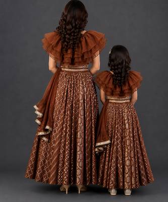 Mother daughter brown embroidered organza lehenga set 2