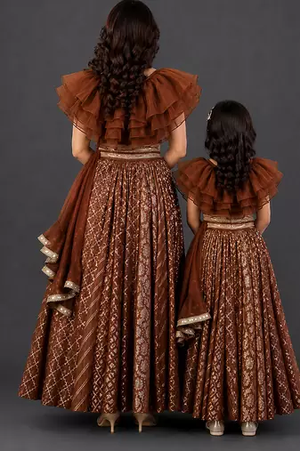 Mother daughter brown embroidered organza lehenga set